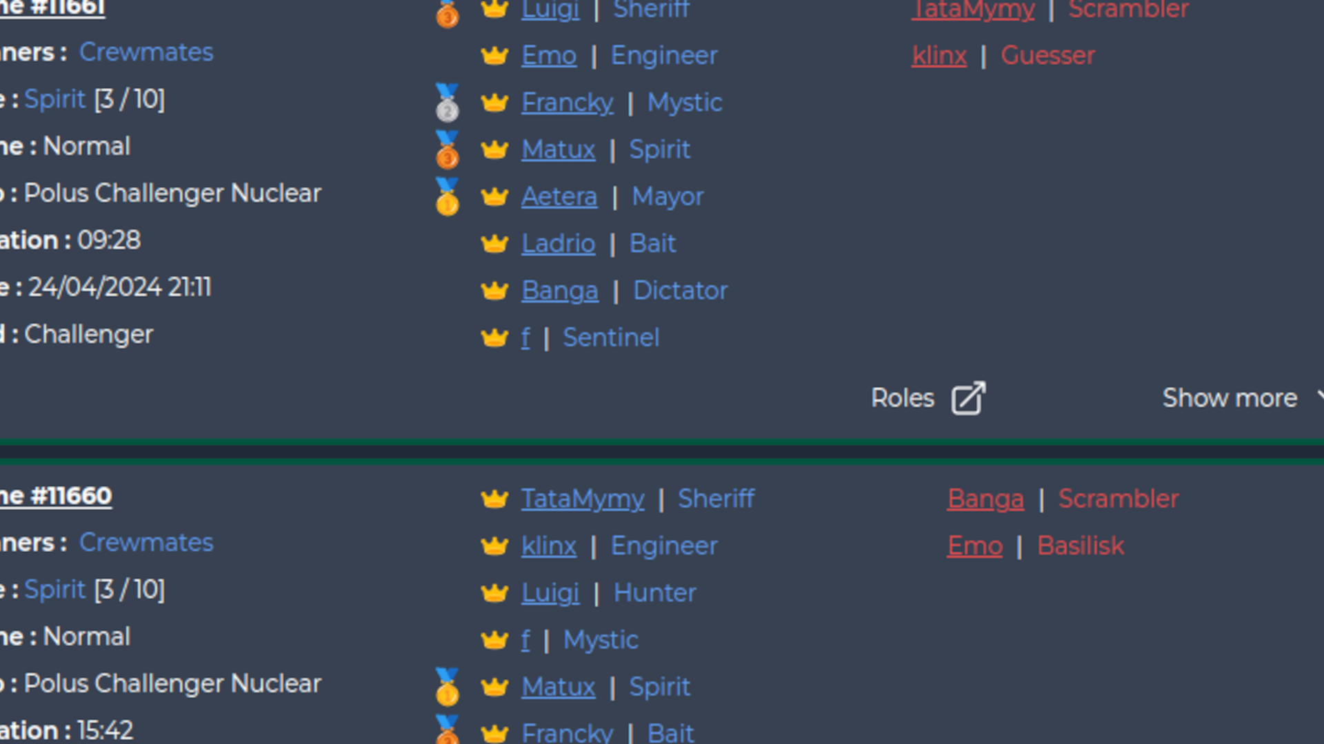 Complete match history
